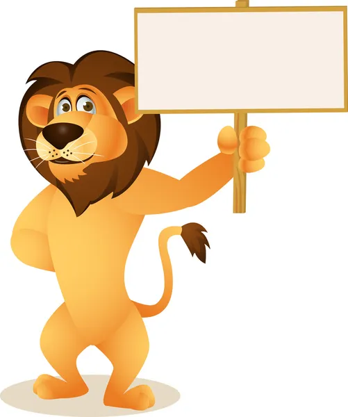 Divertido dibujo animado de león con signo en blanco — Archivo Imágenes Vectoriales