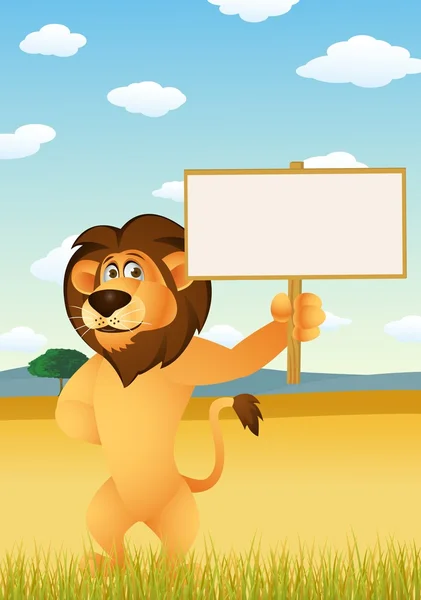 Funny lion cartoon with blank sign — Stock Vector