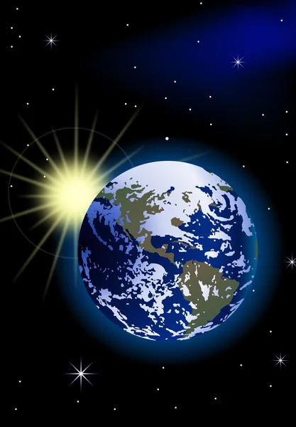 ดาวเคราะห์โลกที่มีพระอาทิตย์ขึ้นในอวกาศ — ภาพเวกเตอร์สต็อก