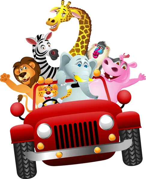 Kırmızı araba içinde Afrika hayvanları — Stok Vektör