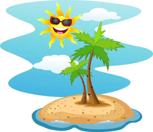 Ilha tropical com caráter engraçado do sol — Vetor de Stock