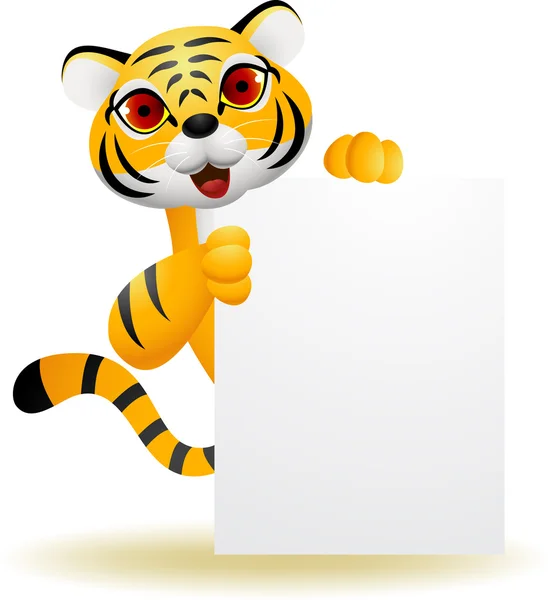 Caricatura de tigre con signo en blanco — Vector de stock