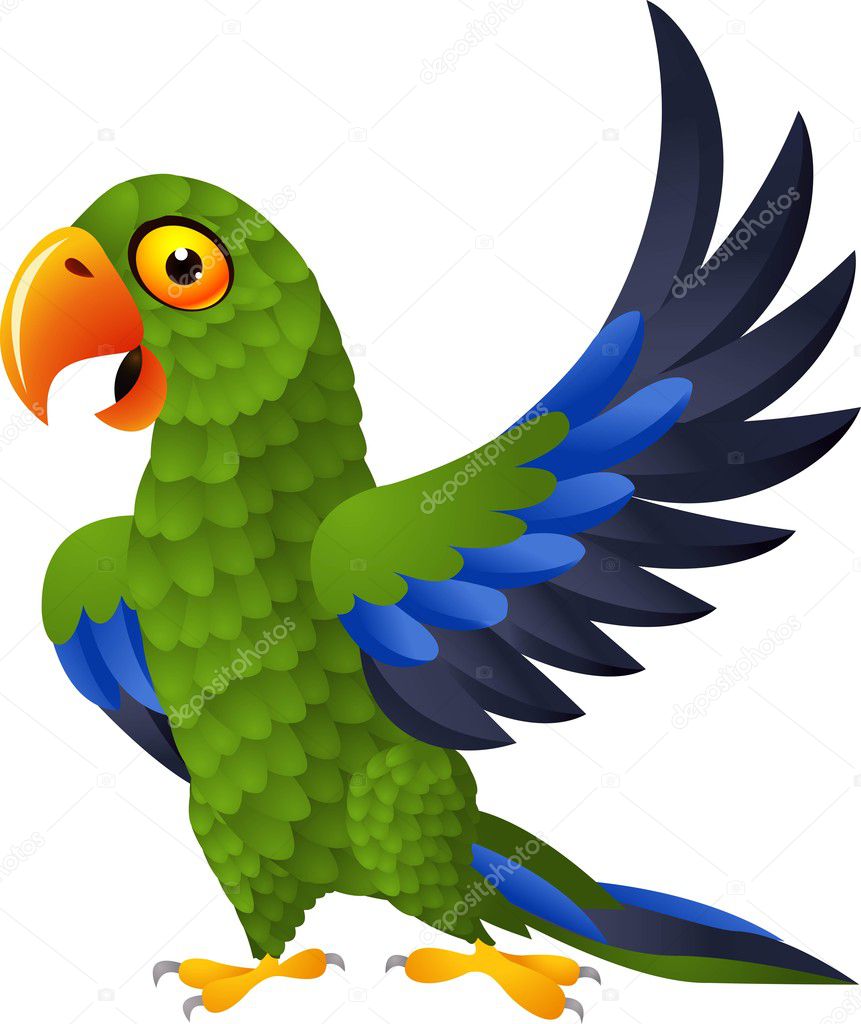 Detailed funny green parrot cartoon