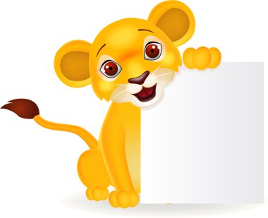 Baby lion cartoon with blank sign clipart