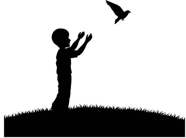 Pequeño niño liberando una paloma blanca — Archivo Imágenes Vectoriales