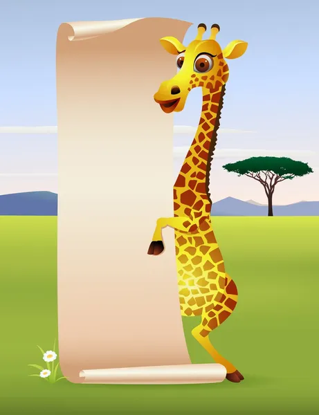Cartone animato giraffa con rotolo di carta bianca — Vettoriale Stock