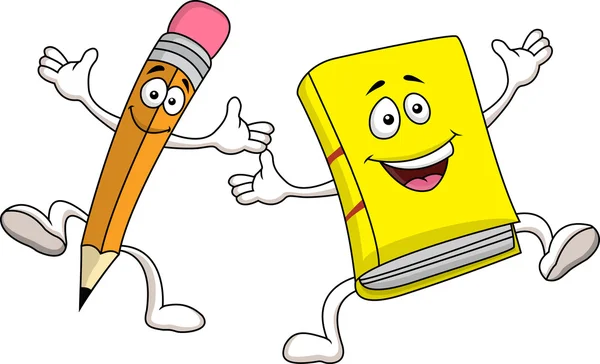 Bleistift und Buch Zeichentrickfigur — Stockvektor