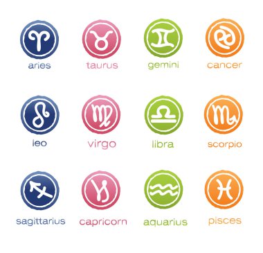 Colorful horoscope signs in badge form clipart