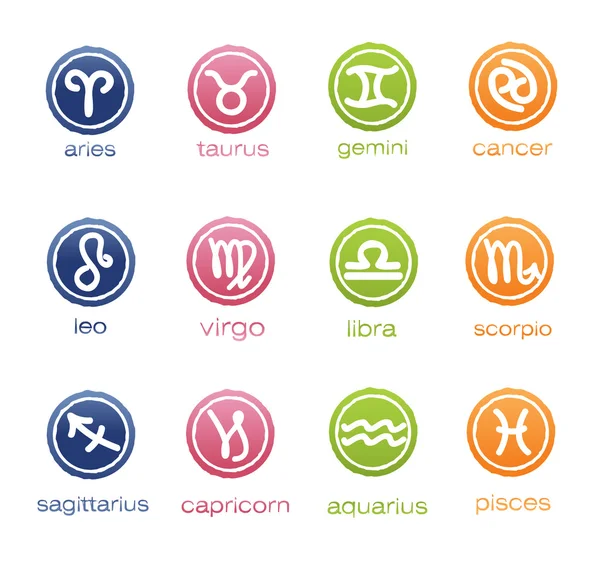 Signos coloridos del horóscopo en forma de insignia — Vector de stock