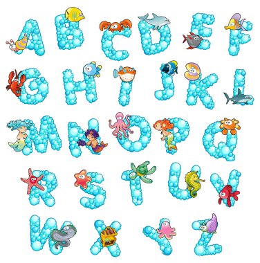 Alphabet with fish and bubbles. clipart