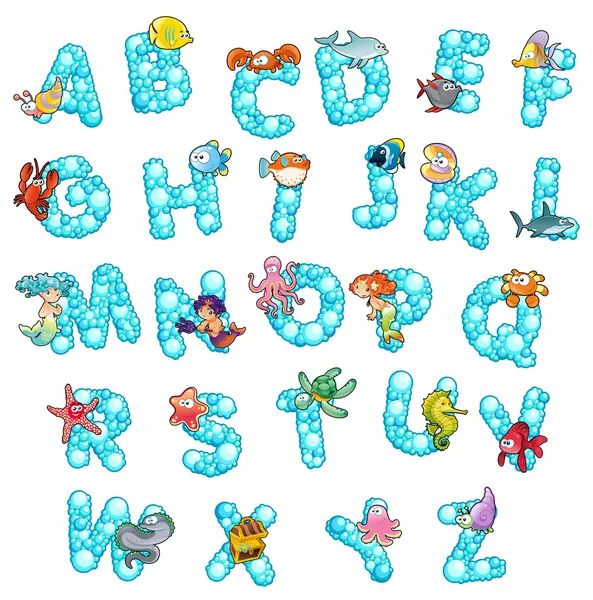 Alphabet with fish and bubbles. — Stock Vector
