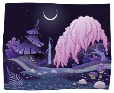 Fantasy nightly landscape on the riverside. clipart