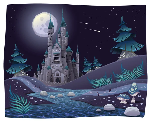 Nightly panorama with castle. — Stock Vector