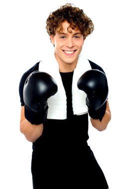 Boxer boy in sports outfit ready to punch you clipart