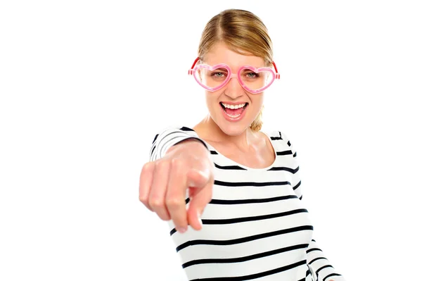 Excited woman pointing at you — Stock Photo, Image