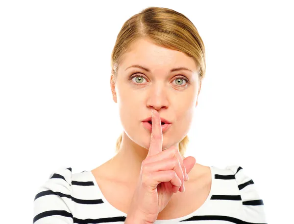 Female with wide open eyes gesturing silence — Stock Photo, Image