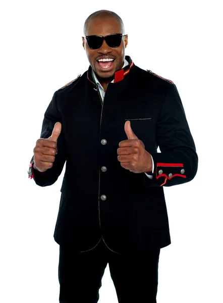 Handsome excited african with double thumbs-up — Stock Photo, Image