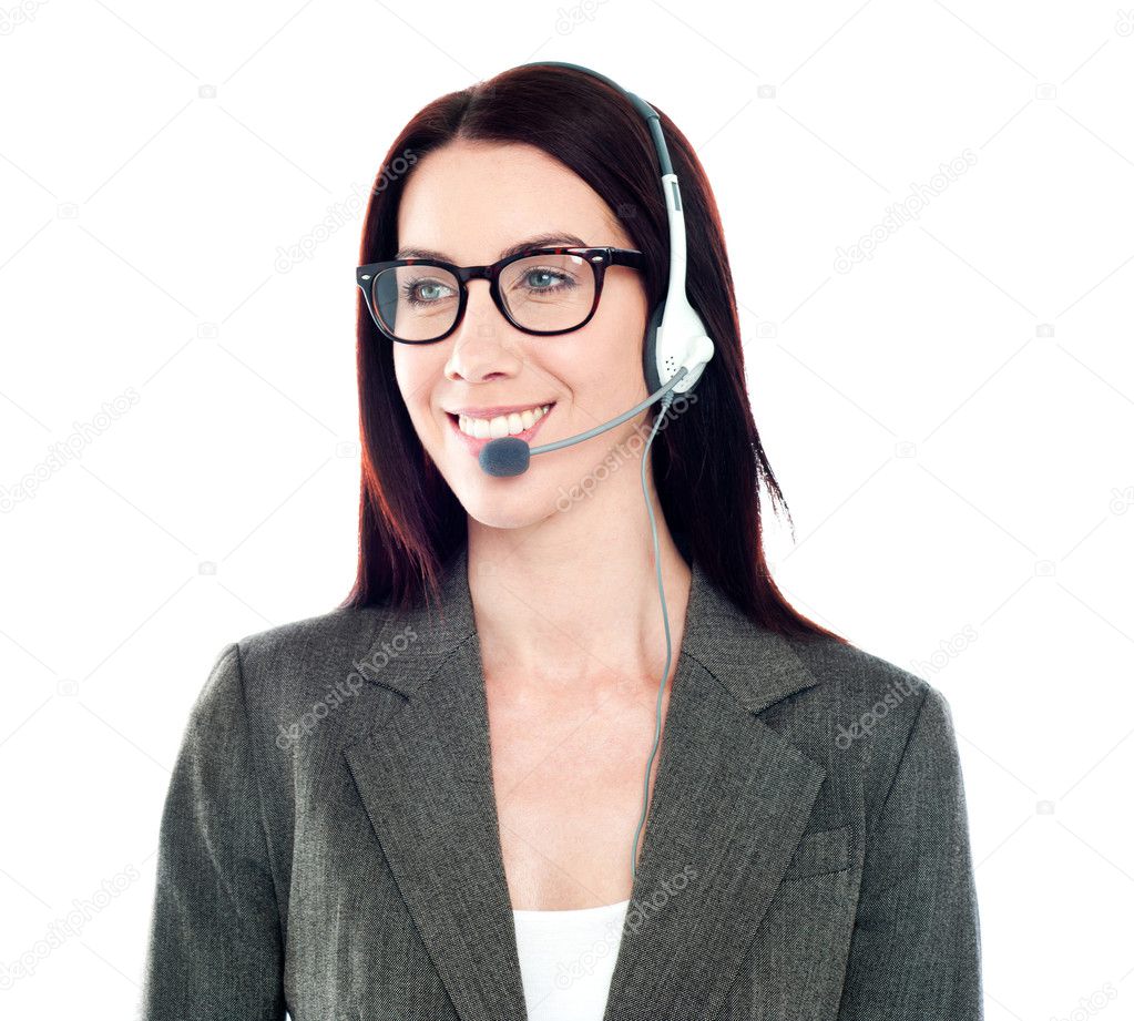 Cheerful female customer care operator looking away