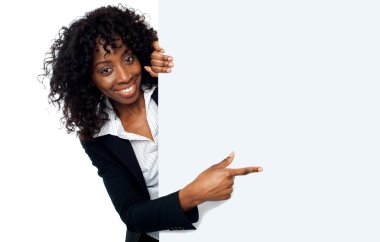 Female representative pointing towards placard clipart