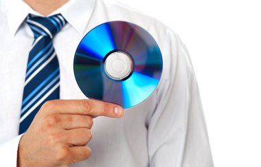 Closeup of a man holding compact disc clipart