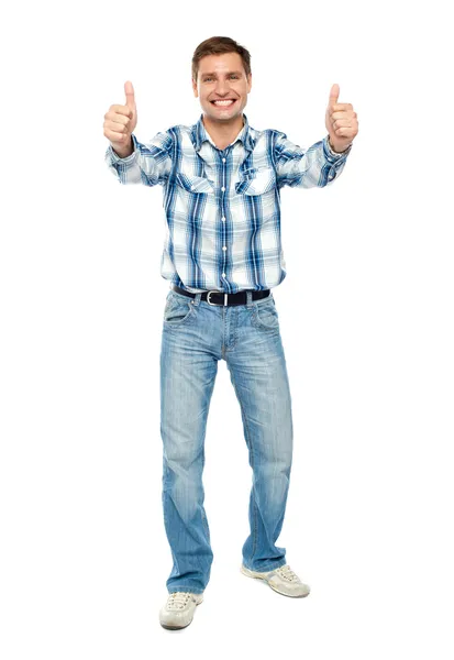 Glada killen visar dubbla tummen — Stock fotografie