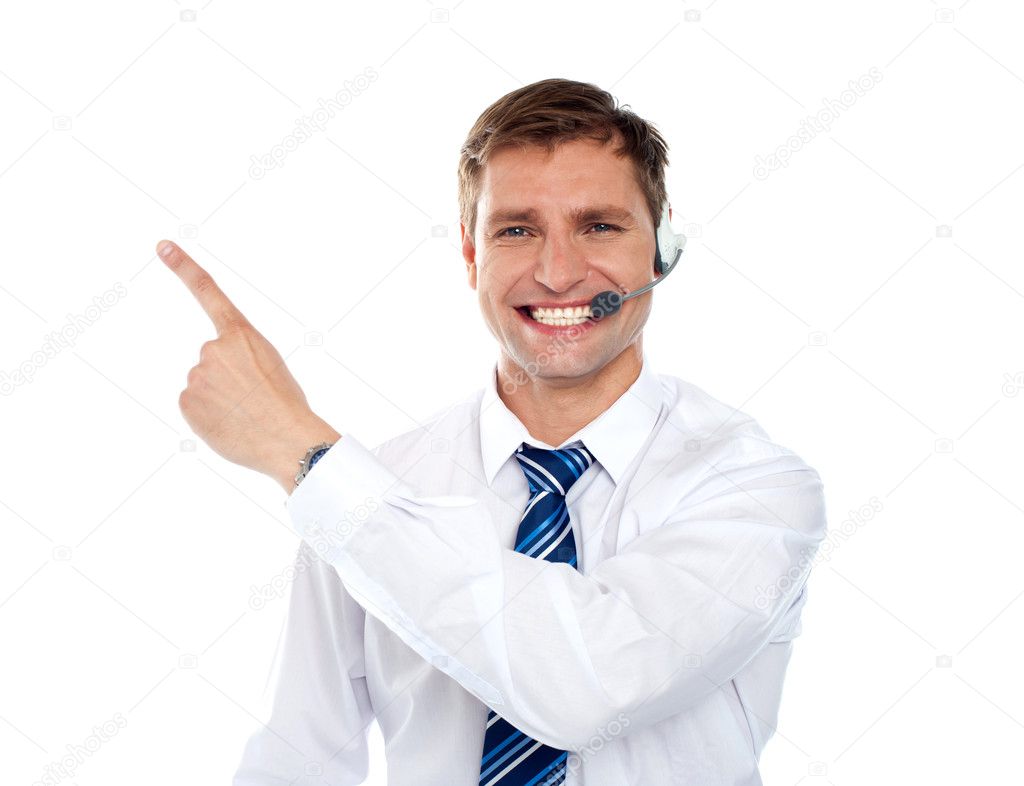 Customer service agent pointing away