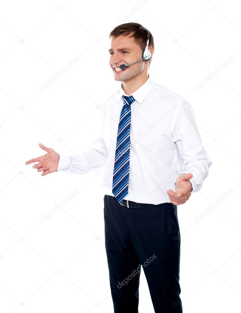 Smiling male operator explaining discounted offer
