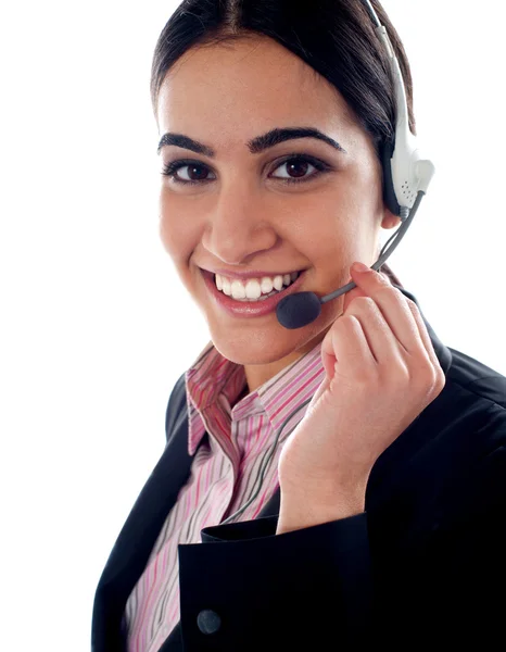 Customer service operator holding mic — Stock Photo, Image