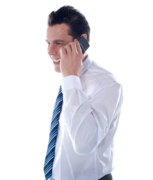 Boční pohled na správce ošetřující telefonního hovoru — Stock fotografie