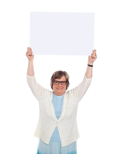 Woman holding blank banner ad over her head — Stock Photo, Image