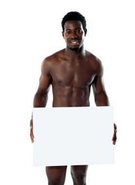 Naked black man holding blank billboard clipart