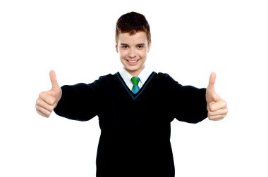 Cute kid showing double thumbs up to camera clipart