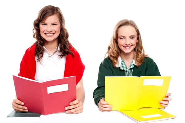 Uśmiechnięte dziewczyny uczenia się z podręczników szkolnych — Zdjęcie stockowe