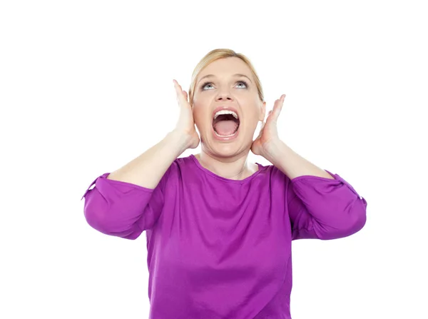 Woman shouting with hands on ears — Stock Photo, Image