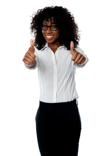 Corporate woman gesturing double thumbs up — Stock Photo, Image