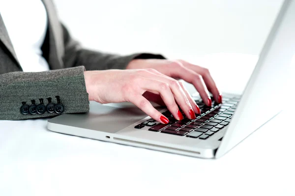 Stäng Visa kvinna händer med laptop — Stockfoto
