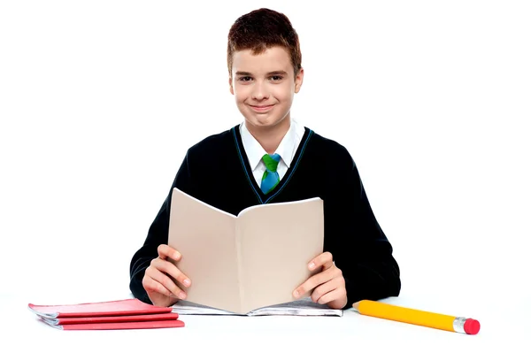 Nettes Schulkind hält Notizbuch und liest — Stockfoto