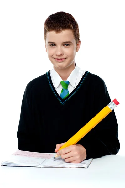 Menino da escola escrevendo no caderno — Fotografia de Stock
