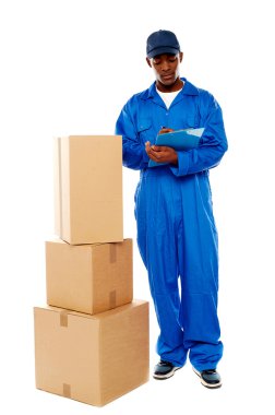 Delivery boy at work. Kindly accept your goods clipart