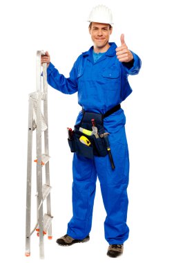 Repairman holding ladder and showing thumbs up clipart