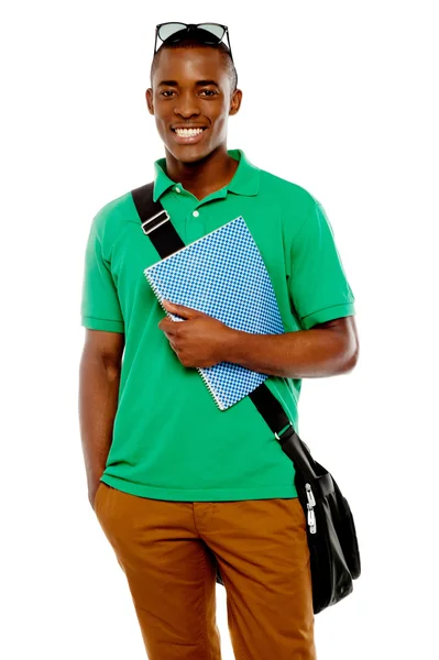 College student with sunglasses over his head — Stock Photo, Image