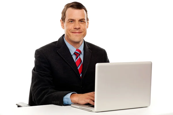 Mężczyzna naczelny na biurko w pracy laptopa — Zdjęcie stockowe