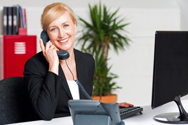 Secretary talking on phone with client clipart