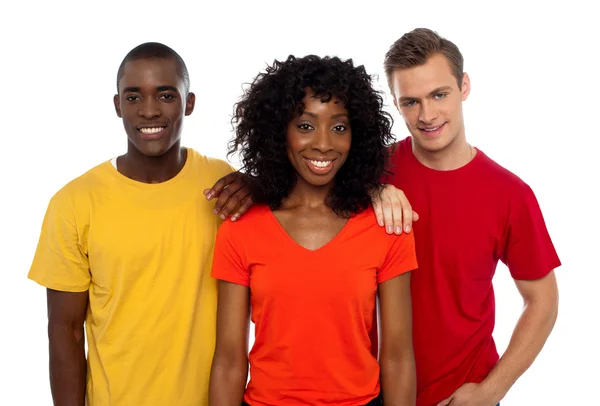 College friends posing in casuals. Cheerful group — Stock Photo, Image