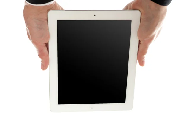 Man met tablet apparaat ondersteboven — Stockfoto