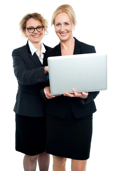 Glada corporate damer använder laptop — Stockfoto