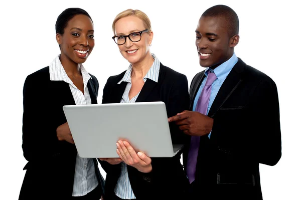 Team of friendly business using laptop — Stock Photo, Image