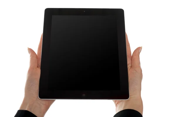 Vrouwelijke hands aanduiding touchscreen toestel — Stockfoto