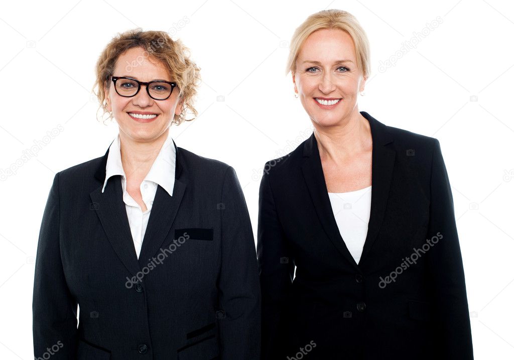 Team of two smiling businesswomen posing