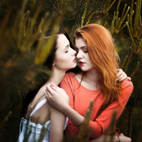 Duas meninas bonitas no fundo da floresta de abeto — Fotografia de Stock